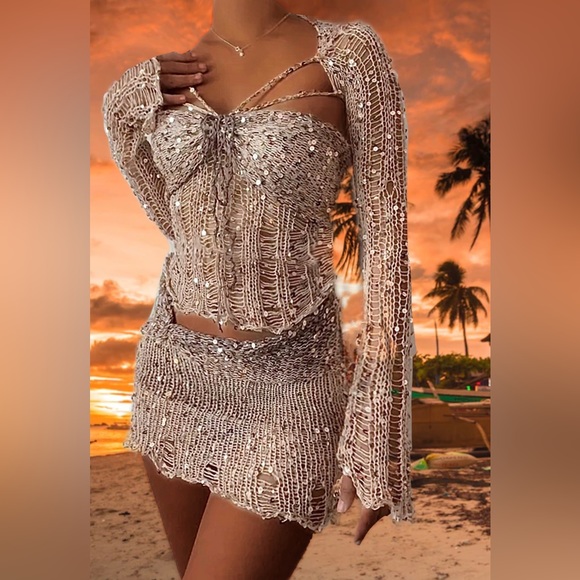 Polly Sequin Crochet Three Piece Skirt Sweater Dress Set - Picture 3 of 17